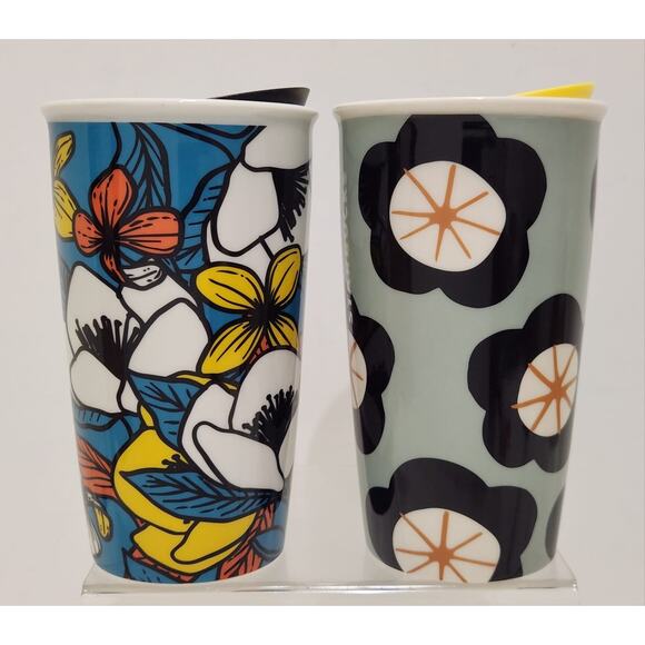 Starbucks Ceramic Tumblers 2019 Teal Poppy Flowers & Spring Black Floral Set Of - Picture 3 of 11